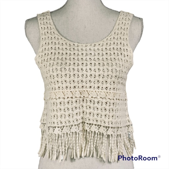 Sadie & Sage Tops - Sadie & Sage Ivory Crochet Cropped Sleeveless Top Fringe Festival Boho One Size